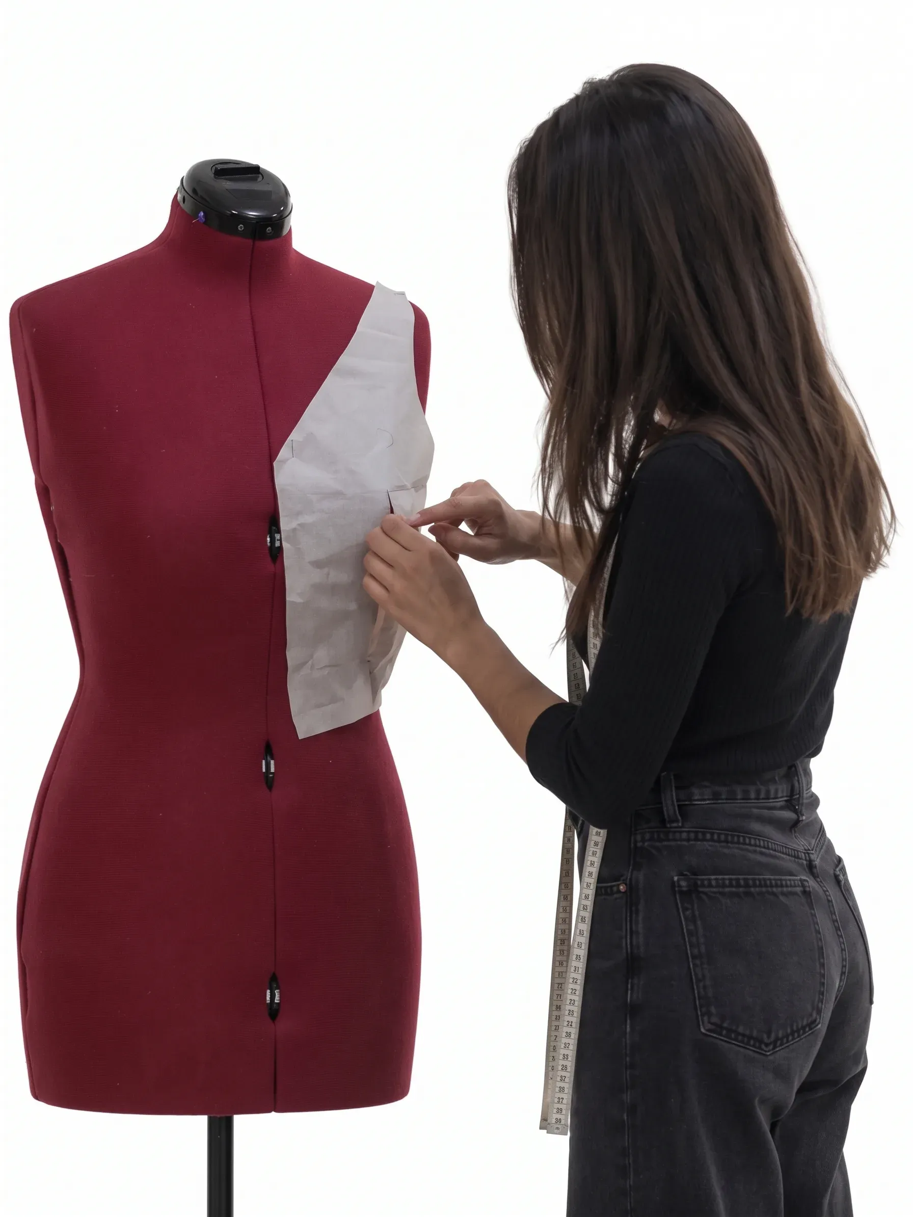 Alumna drapeando un patrón sobre un maniquí en la Escuela Tresele de corte y confección